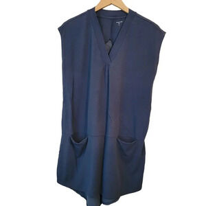 Garnet Hill Women's Shirt Dress XS Blue Cotton Silk Sleeveless V-Neck Pockets